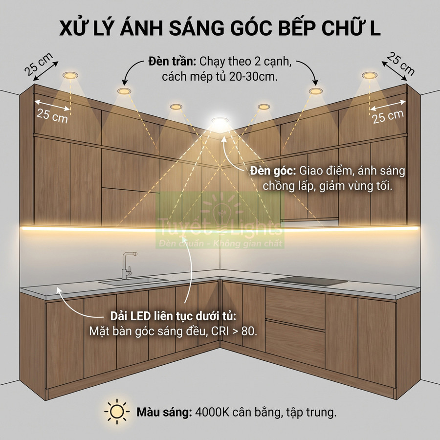 Thiết kế đèn trần và dải LED cho tủ bếp chữ L gỗ, ánh sáng 4000K chiếu đều mặt bàn bếp