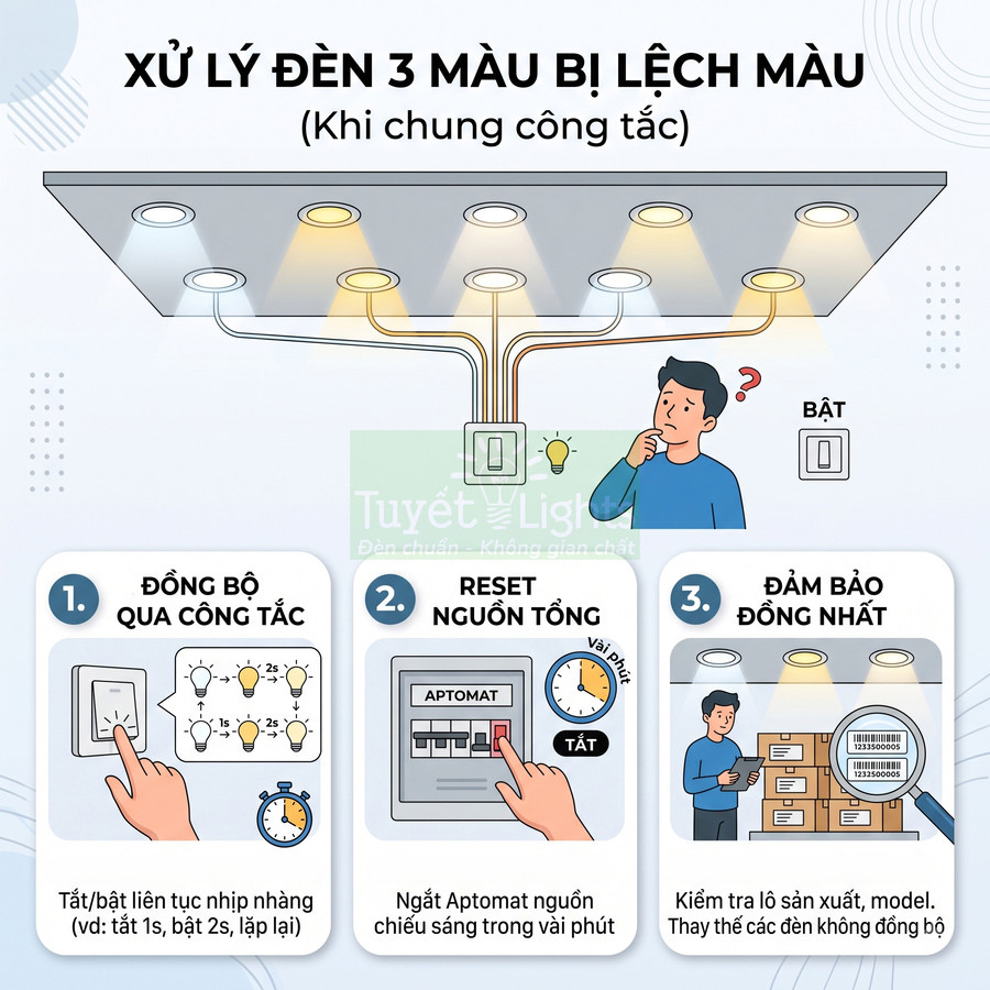 Hướng dẫn xử lý đèn LED 3 màu bị lệch màu khi chung công tắc bằng đồng bộ công tắc, reset nguồn và thay đèn