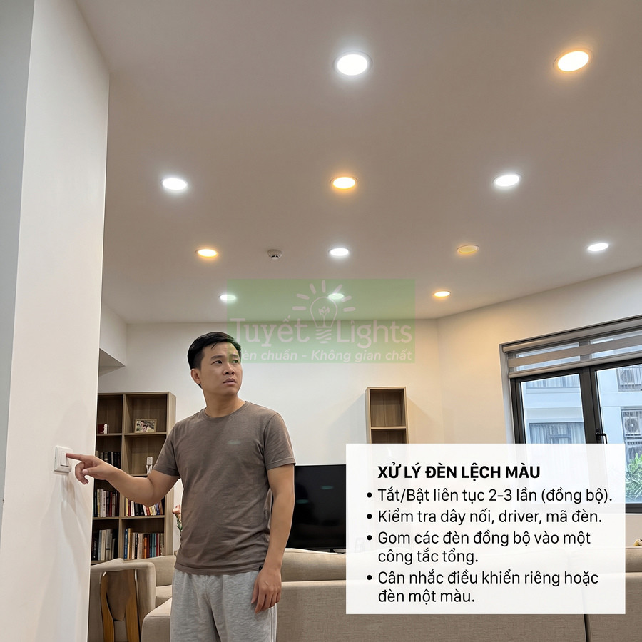 Đèn âm trần Tuyết Lights chiếu sáng phòng khách, người đàn ông đứng bật công tắc điều khiển hệ thống đèn