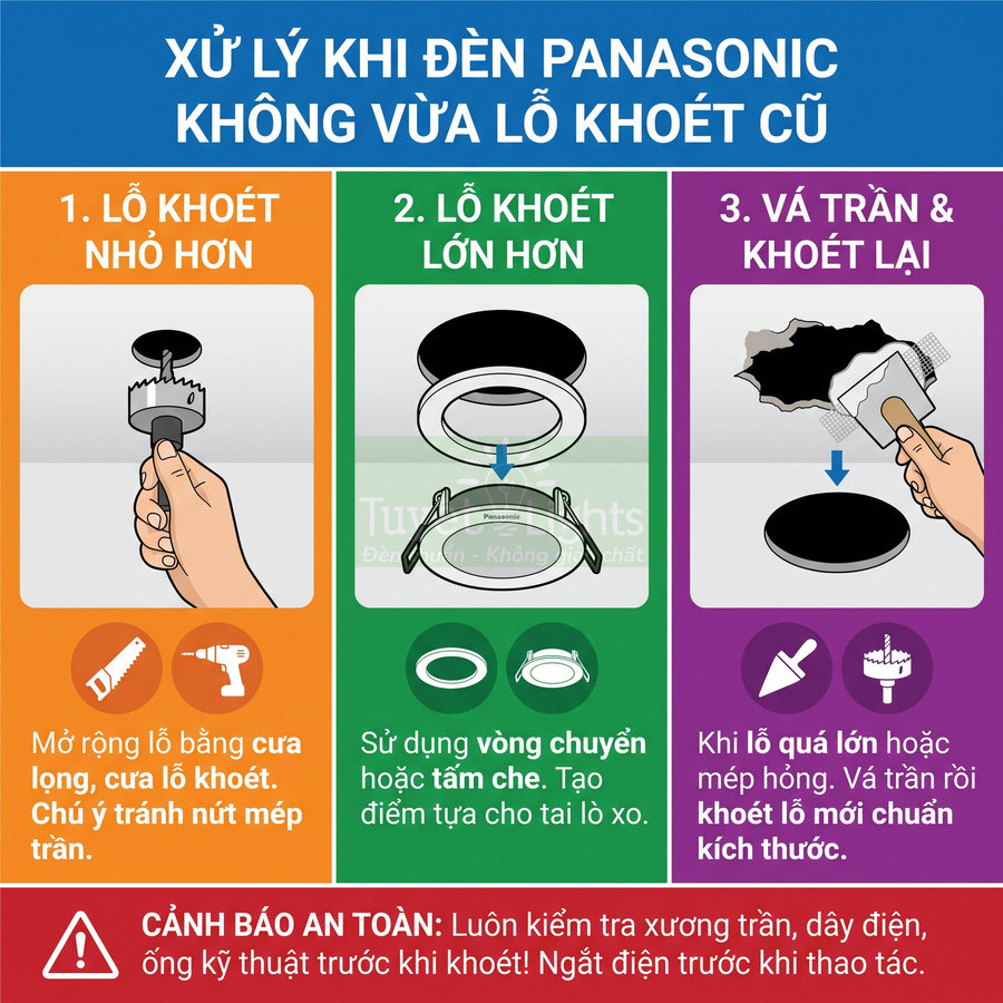 Hướng dẫn xử lý khi đèn âm trần Panasonic không vừa lỗ khoét cũ với các bước mở rộng, thu nhỏ và vá trần
