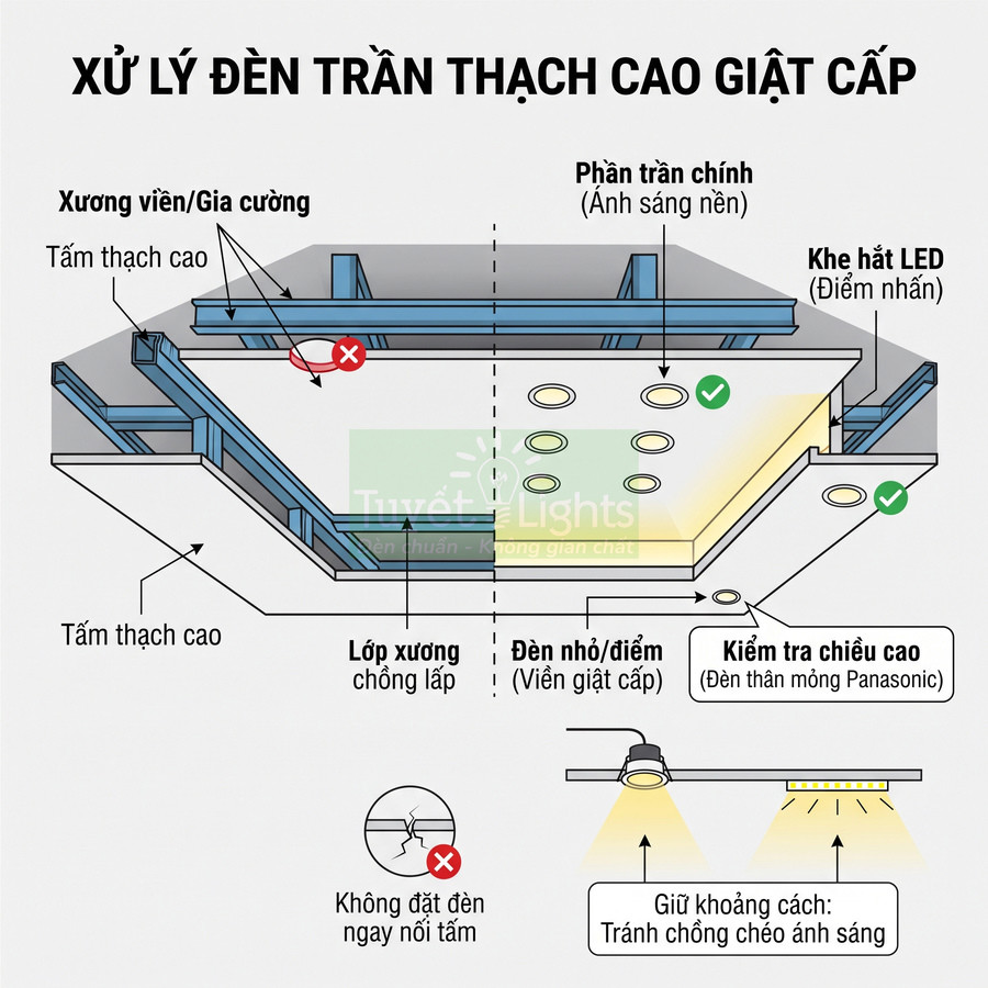 Sơ đồ lắp đặt đèn LED âm trần cho trần thạch cao giật cấp với vị trí và khoảng cách chuẩn
