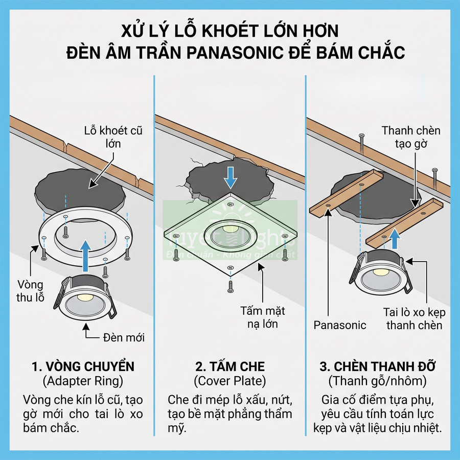 Hướng dẫn xử lý lỗ khoét lớn khi lắp đèn âm trần Panasonic bằng vòng chuyển, tấm che và thanh đỡ