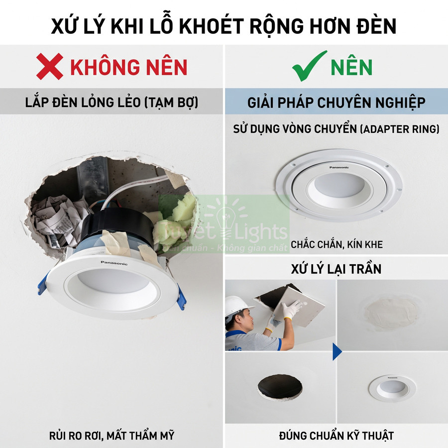 Đèn âm trần Panasonic và vòng chuyển adapter ring xử lý lỗ khoét trần rộng hơn đèn, lắp kín khít, thẩm mỹ