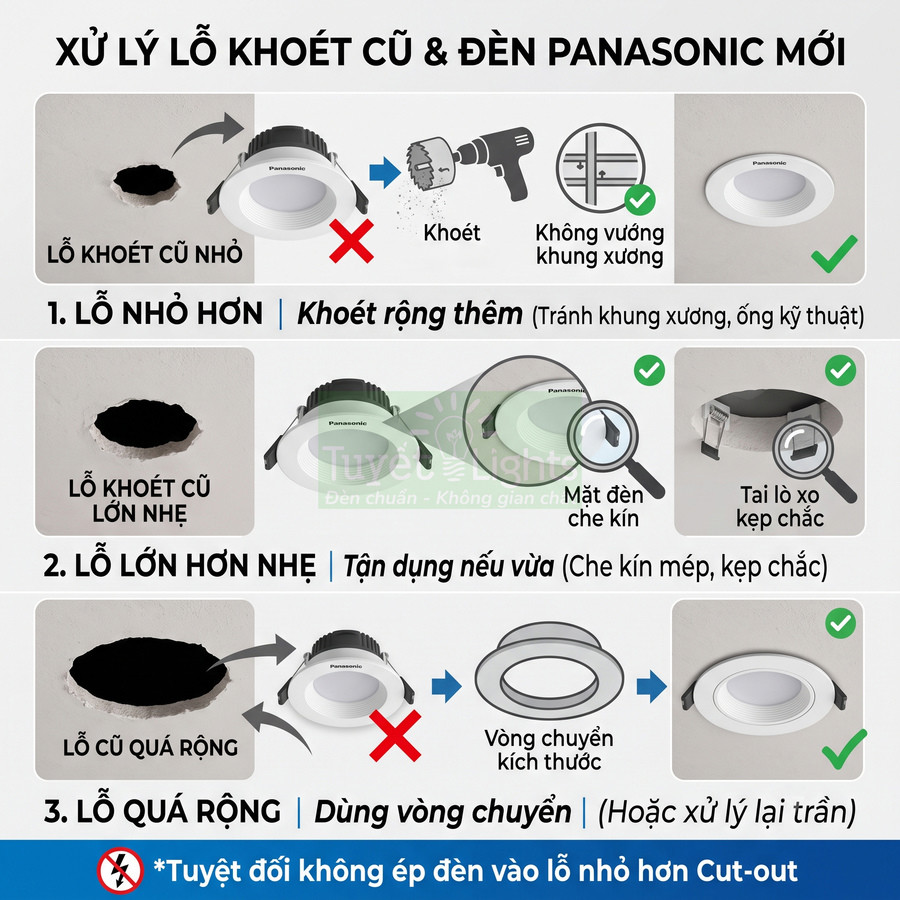 Hướng dẫn xử lý lỗ khoét cũ khi lắp đèn âm trần Panasonic mới với khoan, tai lò xo và vòng chuyển kích thước