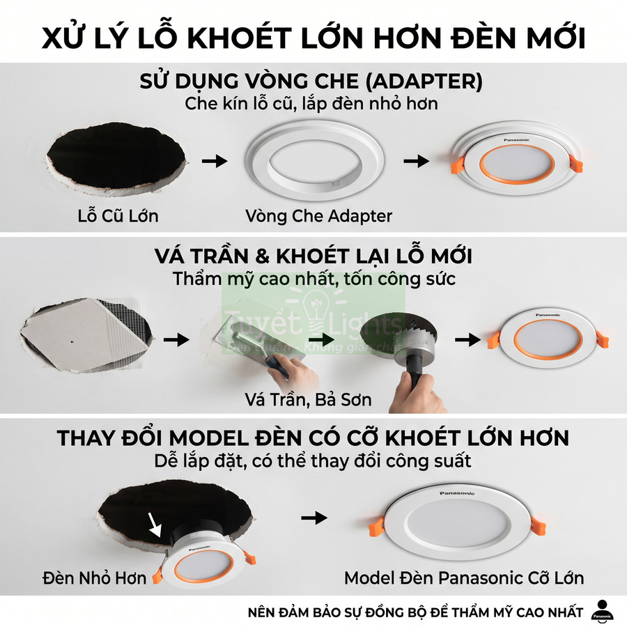 Hướng dẫn xử lý lỗ khoét trần lớn hơn khi lắp đèn âm trần Panasonic tròn mới