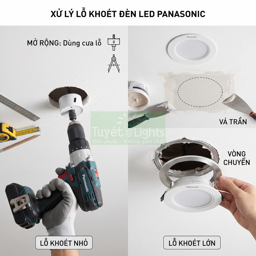 Hướng dẫn xử lý lỗ khoét trần cho đèn LED âm trần Panasonic bằng khoan, bột vá và vòng chuyển