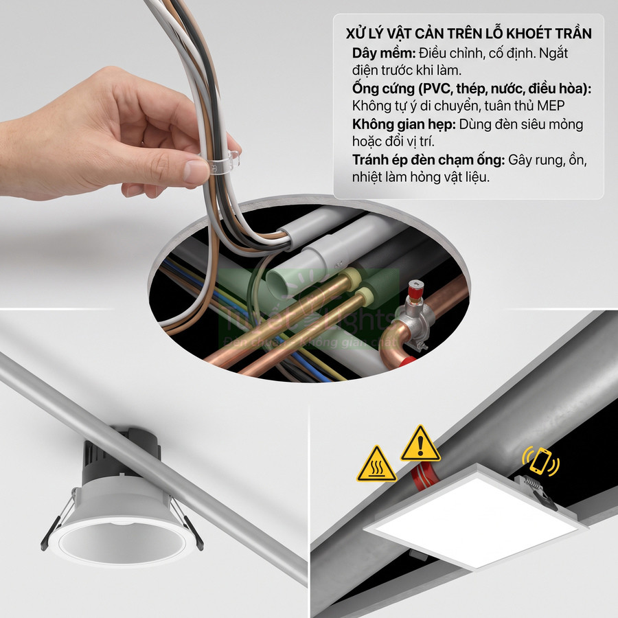 Đèn âm trần lắp đặt gần ống dẫn và dây điện trên trần thạch cao, minh họa cách xử lý vật cản an toàn