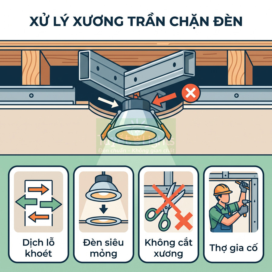 Minh họa xử lý xương trần chặn đèn âm trần với các cách dịch lỗ khoét, dùng đèn siêu mỏng và thợ gia cố