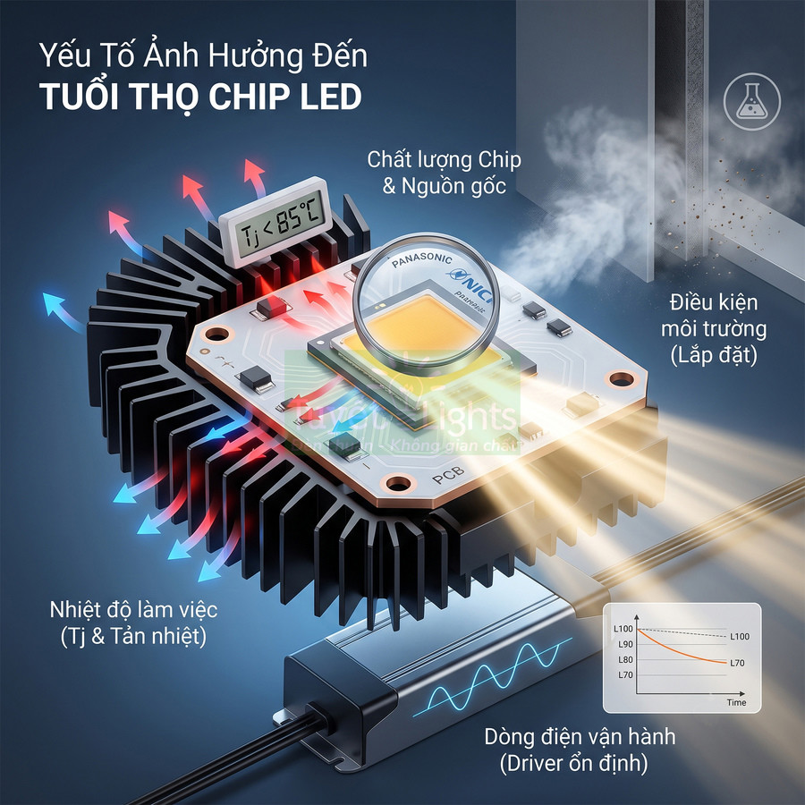 Cấu tạo chip LED công suất cao với tản nhiệt, driver ổn định và các yếu tố ảnh hưởng tuổi thọ chip