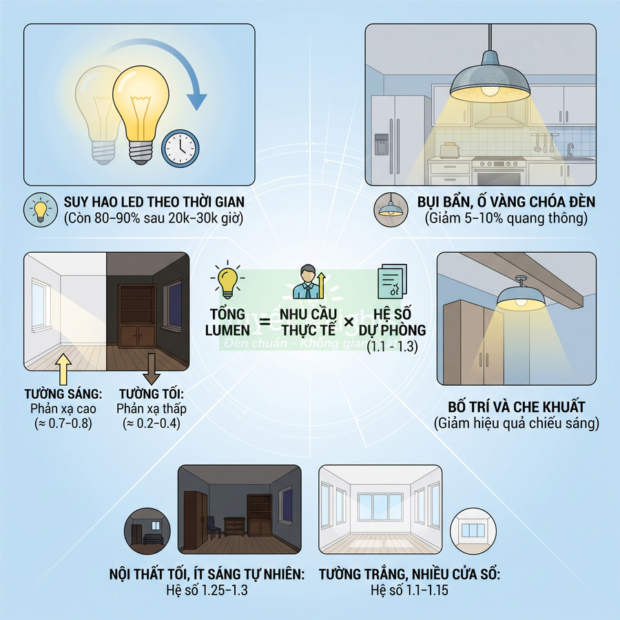 Minh họa các yếu tố ảnh hưởng độ sáng đèn LED trong phòng như suy hao, bụi bẩn, bố trí và màu tường