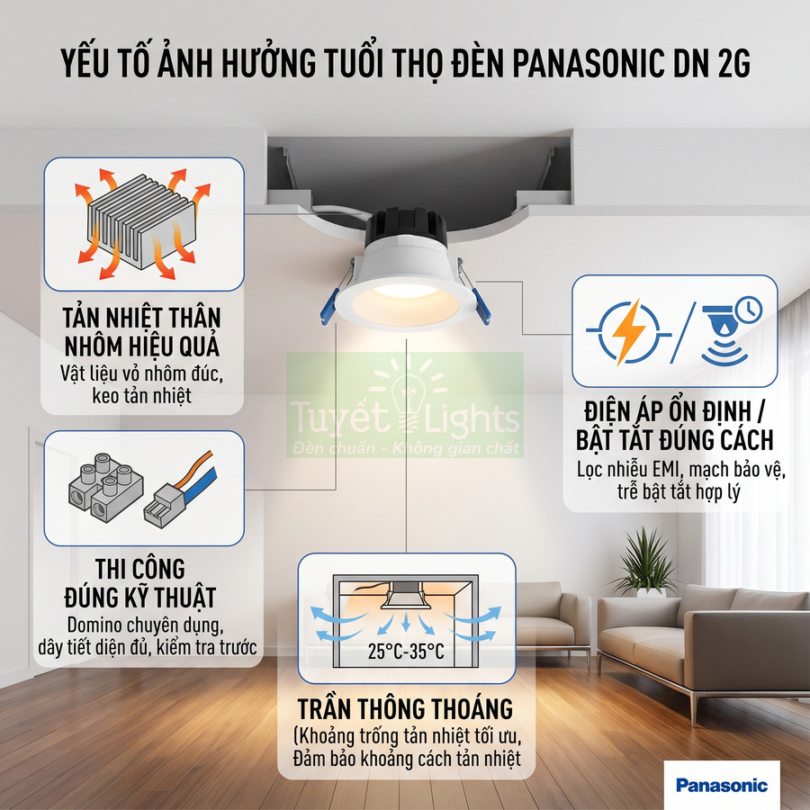 Đèn downlight Panasonic DN 2G lắp âm trần trong phòng khách, minh họa các yếu tố ảnh hưởng tuổi thọ