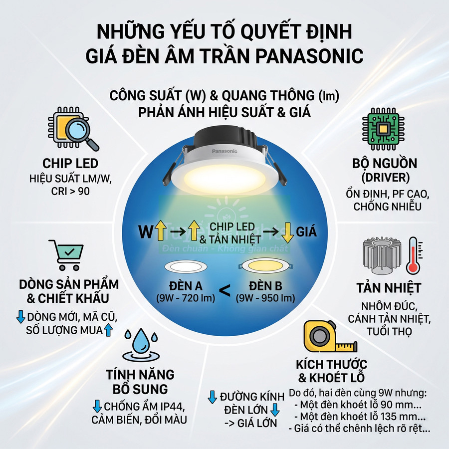 Các yếu tố quyết định giá đèn âm trần Panasonic, minh họa chip LED, bộ nguồn, tản nhiệt và tính năng bổ sung