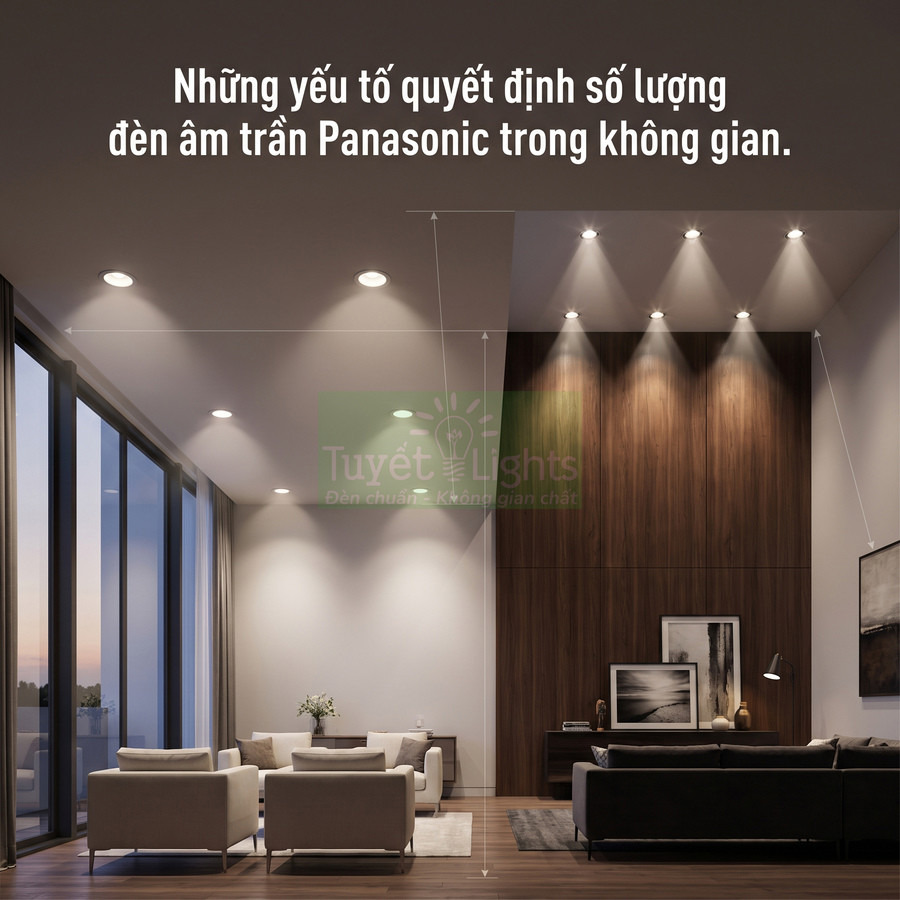 Đèn âm trần Panasonic chiếu sáng phòng khách hiện đại với trần cao và nội thất sang trọng