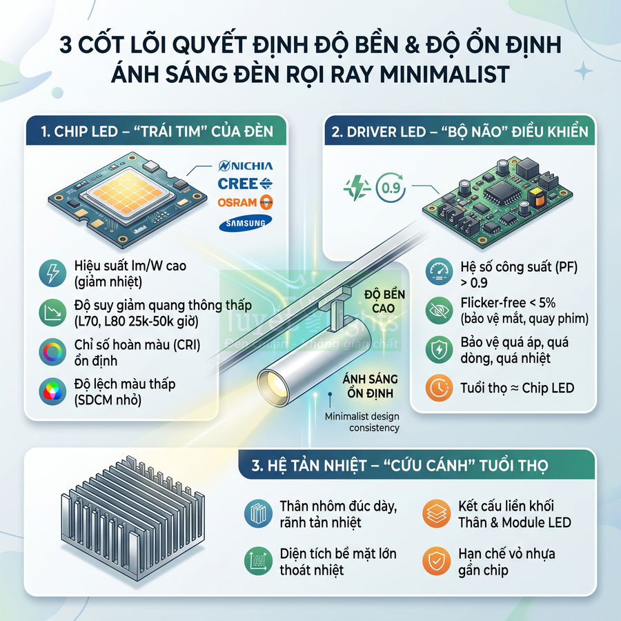 Cấu tạo đèn rọi ray Minimalist với chip LED Nichia Cree Osram Samsung, driver điều khiển và hệ tản nhiệt nhôm