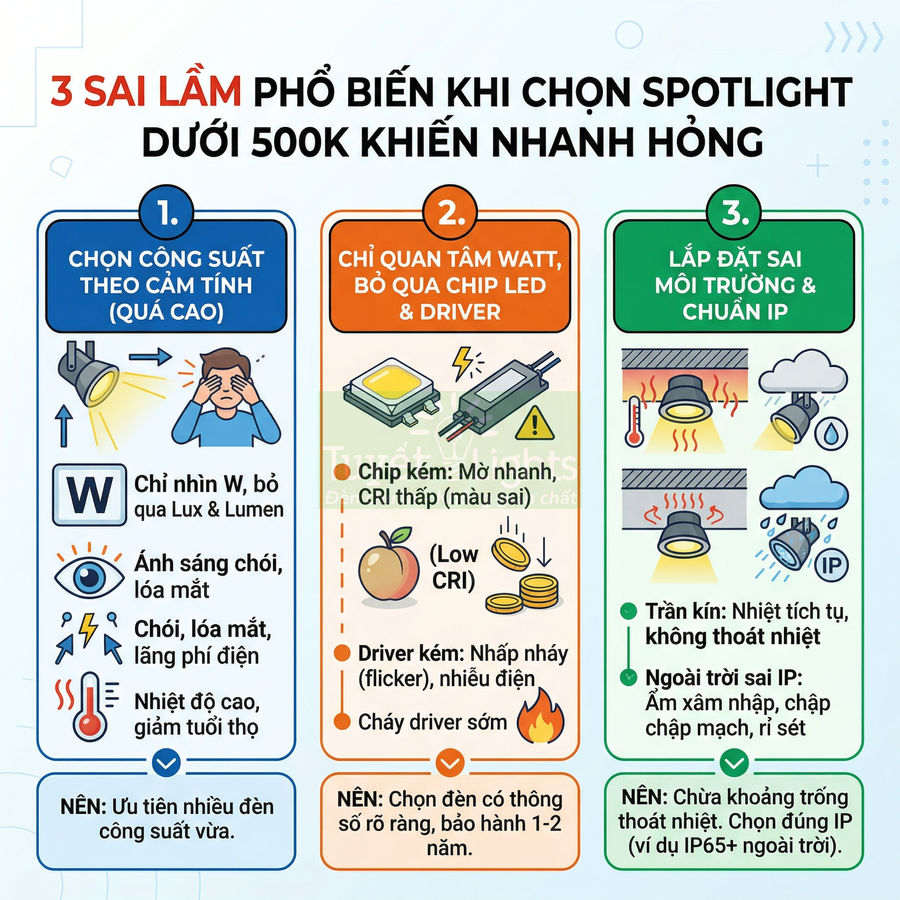 Infographic 3 sai lầm phổ biến khi chọn đèn spotlight giá rẻ dưới 500k khiến nhanh hỏng