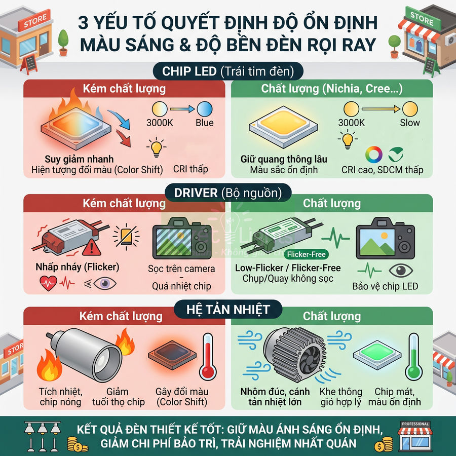 Infographic 3 yếu tố quyết định độ ổn định màu sáng và độ bền của đèn rọi ray LED