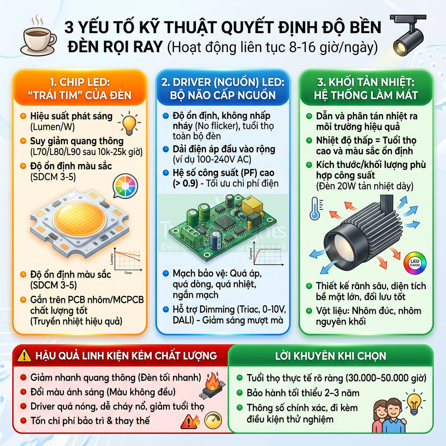 Infographic các yếu tố kỹ thuật quyết định độ bền và chất lượng đèn rọi ray LED
