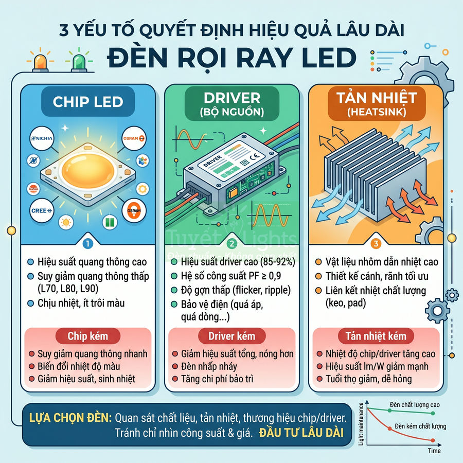 Infographic 3 yếu tố quyết định độ bền đèn rọi ray LED gồm chip LED, driver bộ nguồn và tản nhiệt