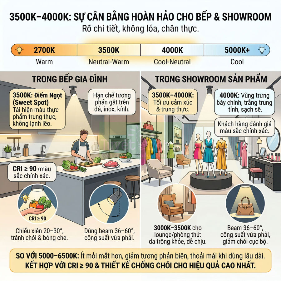 Minh họa nhiệt độ màu 3500K 4000K cho đèn chiếu sáng bếp gia đình và showroom sản phẩm thời trang