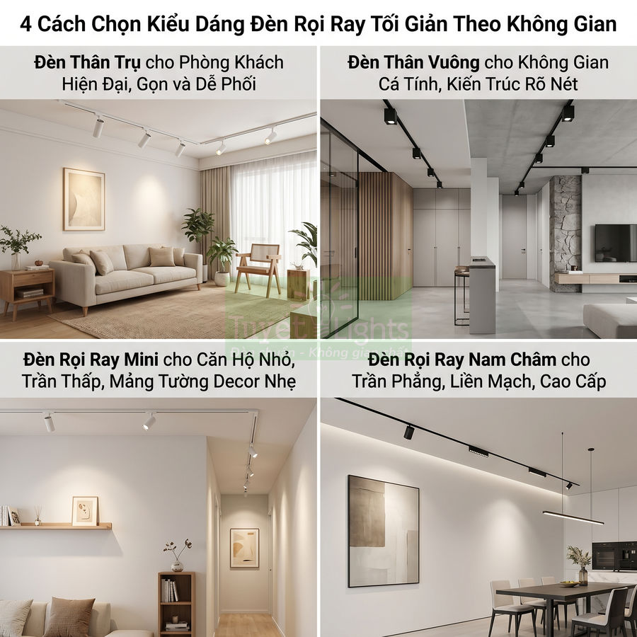 Các mẫu đèn rọi ray thân trụ, thân vuông, mini và nam châm lắp trần cho phòng khách, căn hộ, bếp hiện đại