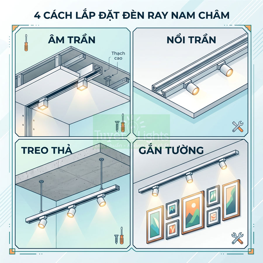 Minh họa 4 cách lắp đặt đèn ray nam châm âm trần, nổi trần, treo thả và gắn tường