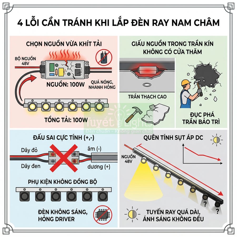 Infographic 4 lỗi cần tránh khi lắp đèn ray nam châm, minh họa các sai lầm và cách lắp đặt nguồn 48V