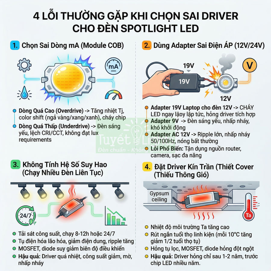 Infographic 4 lỗi thường gặp khi chọn sai driver cho đèn spotlight LED, minh họa cách dùng adapter và lắp driver