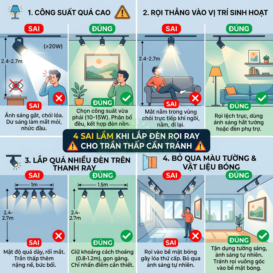 Hướng dẫn 4 sai lầm khi lắp đèn rọi ray cho trần thấp và cách bố trí đèn đúng để tránh chói mắt