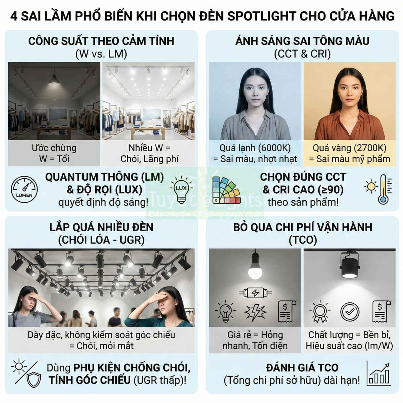 Infographic 4 sai lầm khi chọn đèn spotlight cho cửa hàng, so sánh công suất, tông màu, số lượng đèn và chi phí vận hành