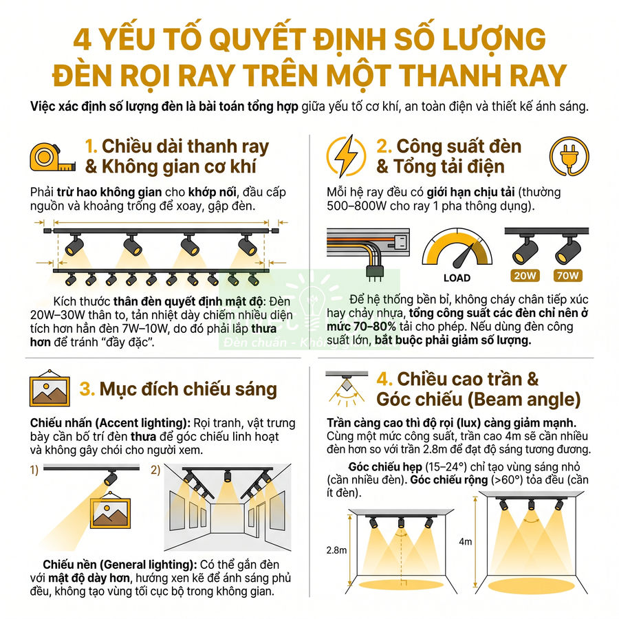 Hướng dẫn chọn số lượng đèn rọi ray trên một thanh ray theo chiều dài, công suất, mục đích chiếu sáng và chiều cao trần