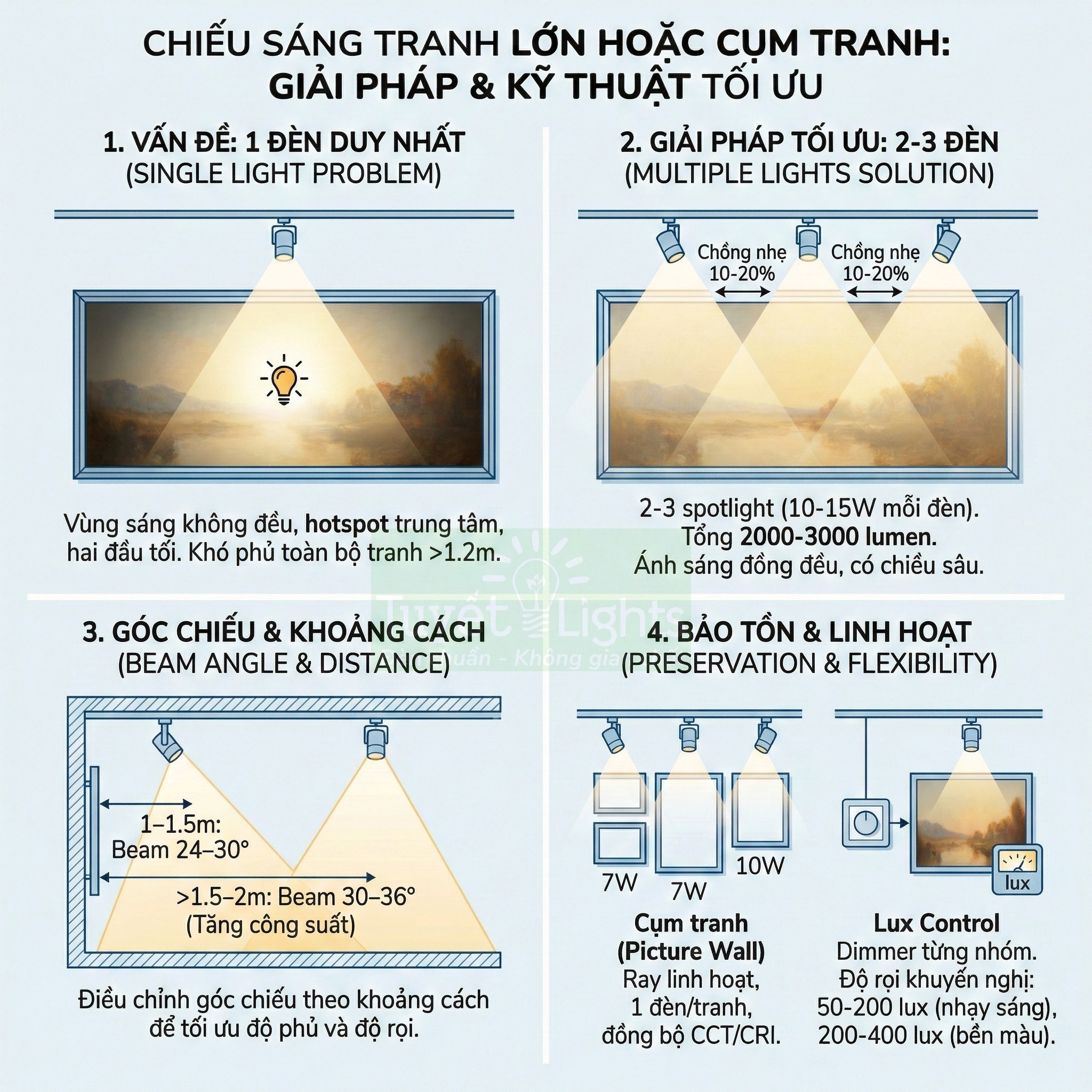 Hướng dẫn chiếu sáng tranh lớn bằng đèn spotlight, điều chỉnh số lượng đèn, góc chiếu và độ sáng tối ưu