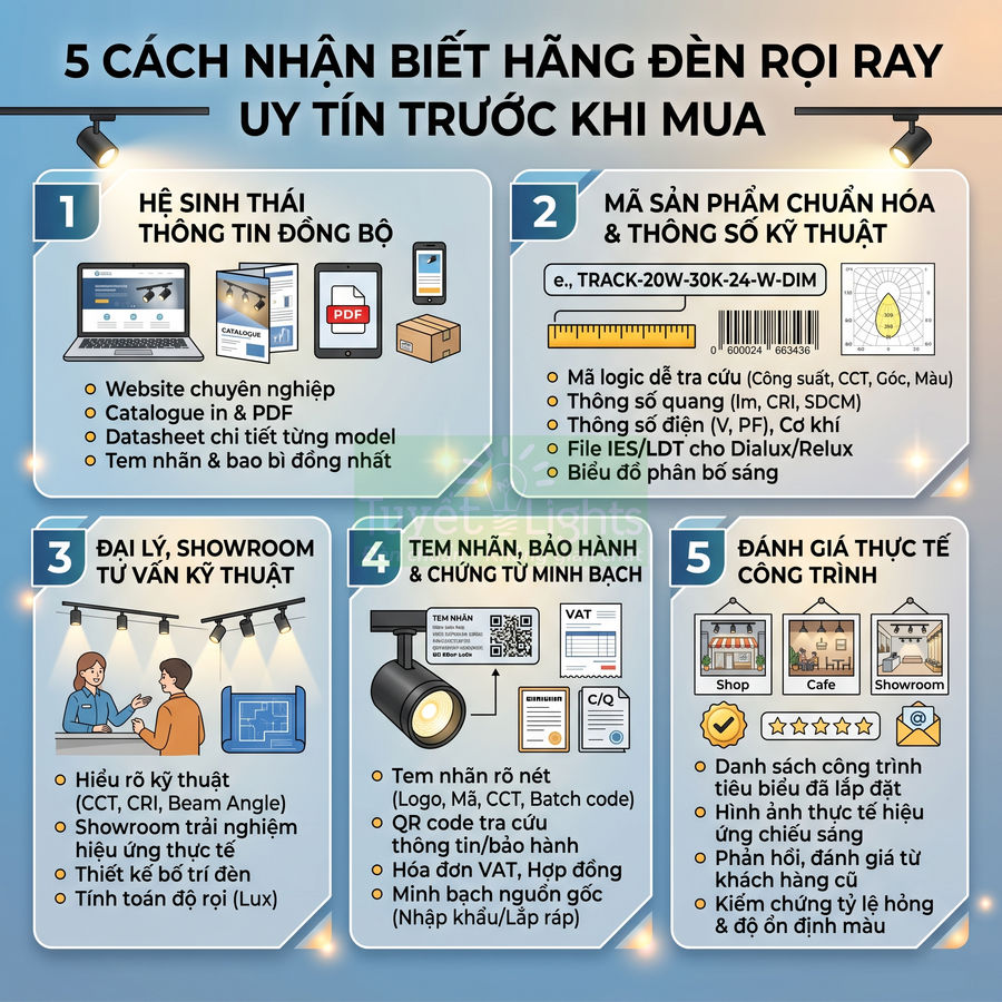 Infographic 5 cách nhận biết hãng đèn rọi ray uy tín với hướng dẫn chọn mua và đánh giá chất lượng sản phẩm