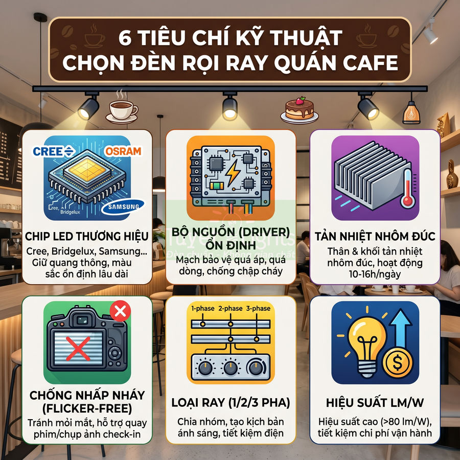 6 tiêu chí kỹ thuật chọn đèn rọi ray cho quán cafe với chip LED Cree, Osram, Samsung và hiệu suất cao