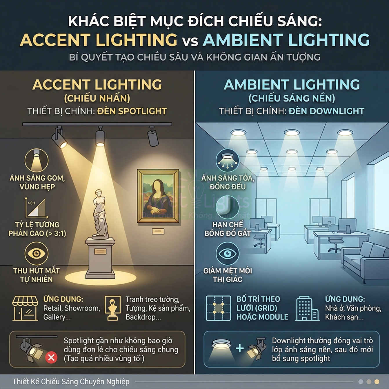 So sánh chiếu sáng nhấn bằng đèn spotlight và chiếu sáng nền bằng đèn downlight trong không gian nội thất