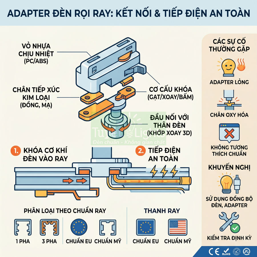 Cấu tạo adapter đèn rọi ray an toàn với khóa cơ khí, chân tiếp xúc kim loại và phân loại chuẩn ray EU, Mỹ
