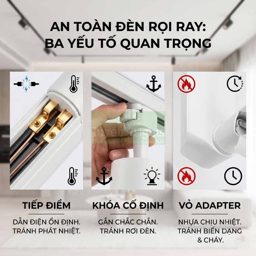 Cấu tạo đèn rọi ray an toàn với tiếp điểm dẫn điện, khóa cố định chắc chắn và vỏ adapter nhựa chịu nhiệt