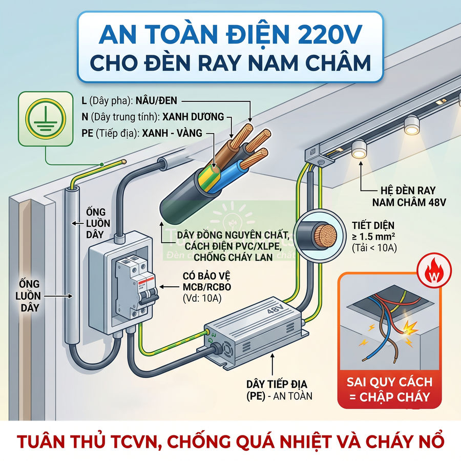 Sơ đồ lắp đặt an toàn hệ đèn ray nam châm 48V dùng điện 220V với dây đồng, aptomat và tiếp địa chống cháy nổ