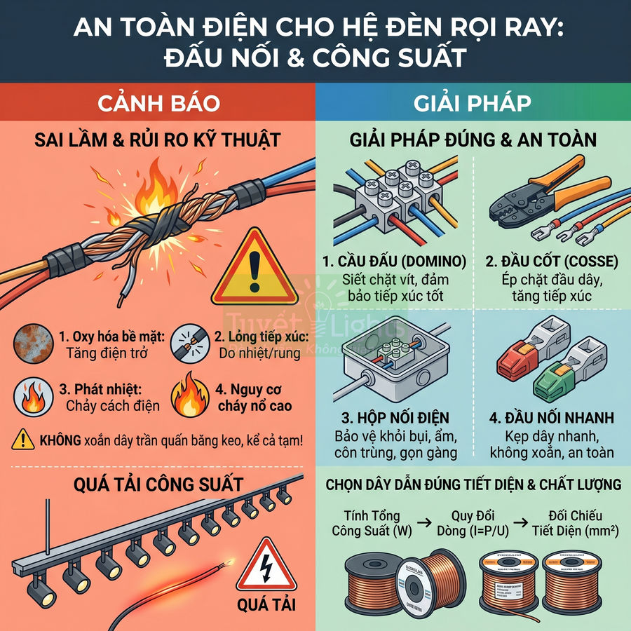 Hướng dẫn an toàn điện cho hệ đèn rọi ray, cách đấu nối dây và chọn dây dẫn đúng công suất
