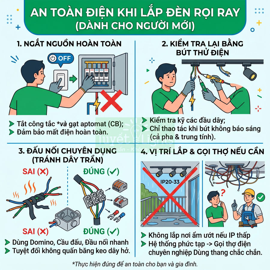 Hướng dẫn an toàn điện khi lắp đèn rọi ray cho người mới với minh họa từng bước chi tiết
