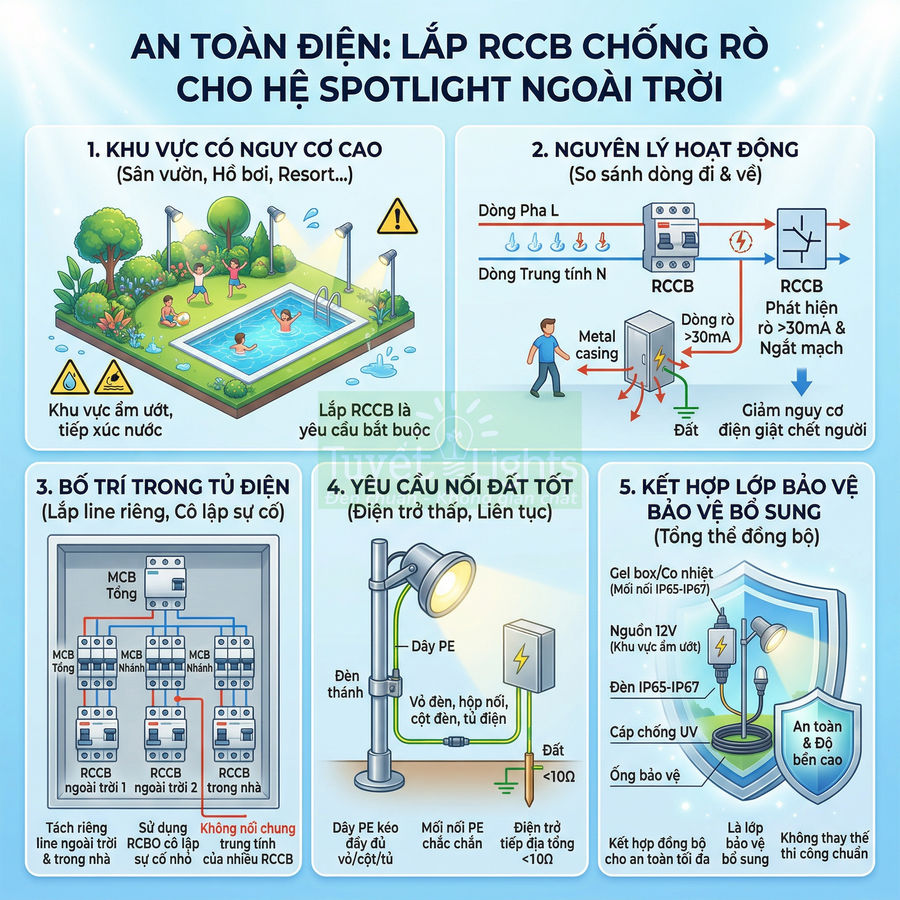 Hướng dẫn lắp đặt RCCB chống rò cho hệ thống đèn spotlight ngoài trời tại khu vực hồ bơi, sân vườn