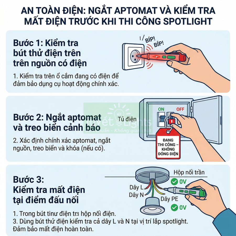 Hướng dẫn an toàn điện khi lắp đèn spotlight với bút thử điện, aptomat và hộp nối trần