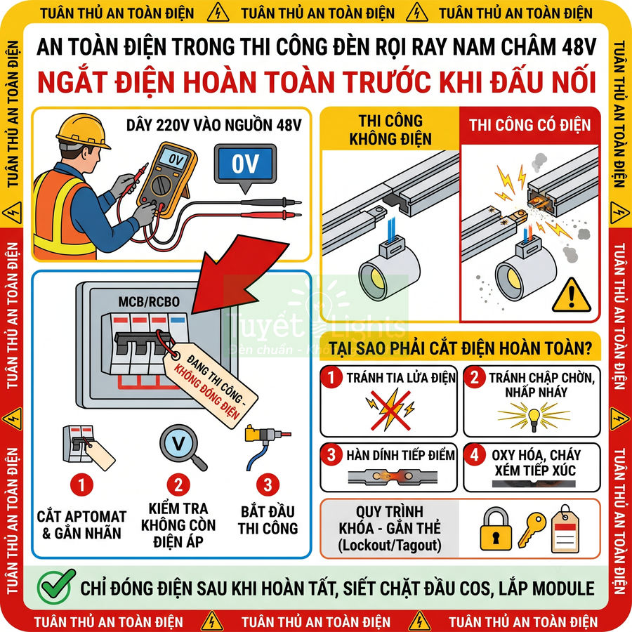 Hướng dẫn an toàn điện khi thi công đèn rọi ray nam châm 48V, yêu cầu ngắt điện hoàn toàn trước khi đấu nối