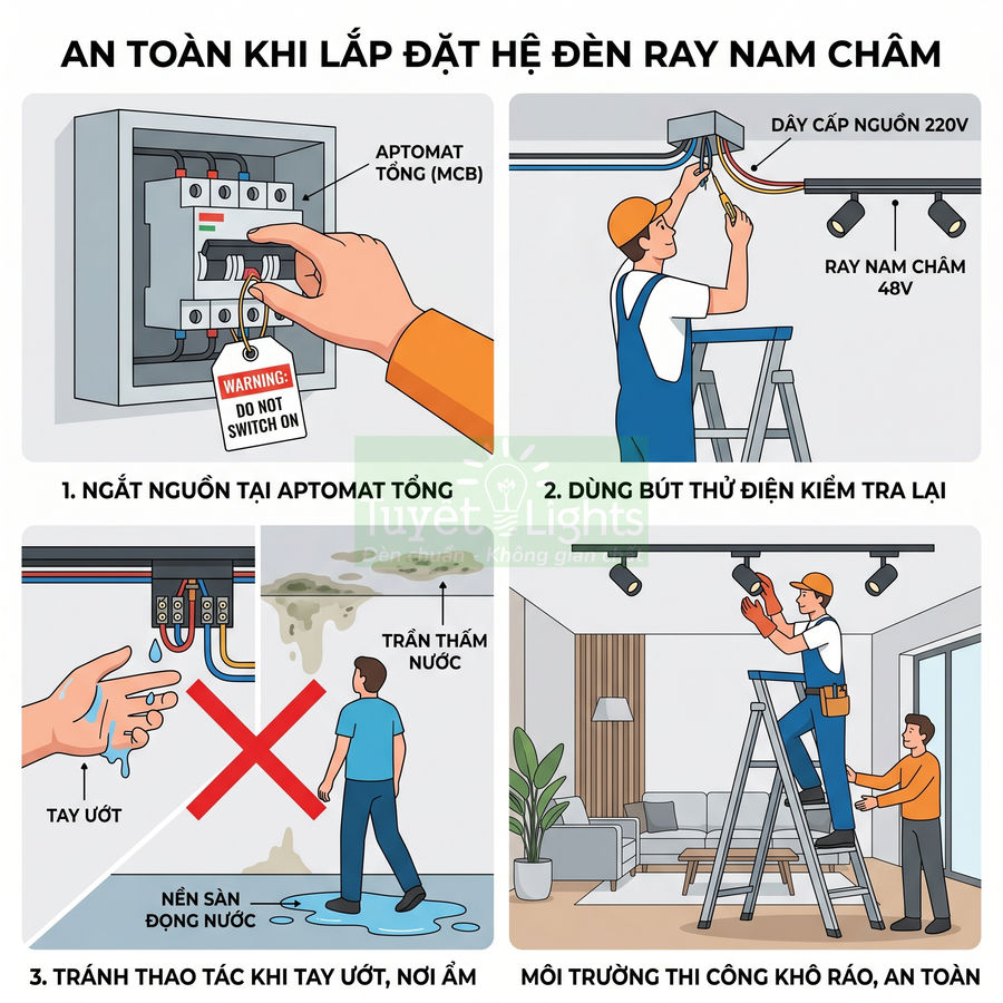 Hướng dẫn an toàn khi lắp đặt hệ đèn ray nam châm trong nhà, kỹ thuật viên thao tác trên thang và tủ điện