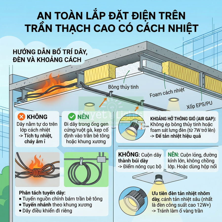 Hướng dẫn lắp đặt dây điện và đèn âm trần an toàn trên trần thạch cao có lớp cách nhiệt