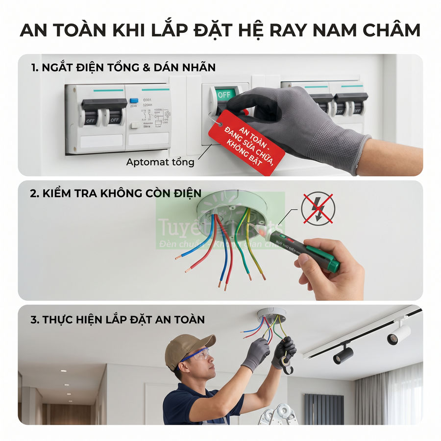 Hướng dẫn an toàn lắp đặt hệ ray nam châm với các bước ngắt điện, kiểm tra dây và thi công trên trần nhà