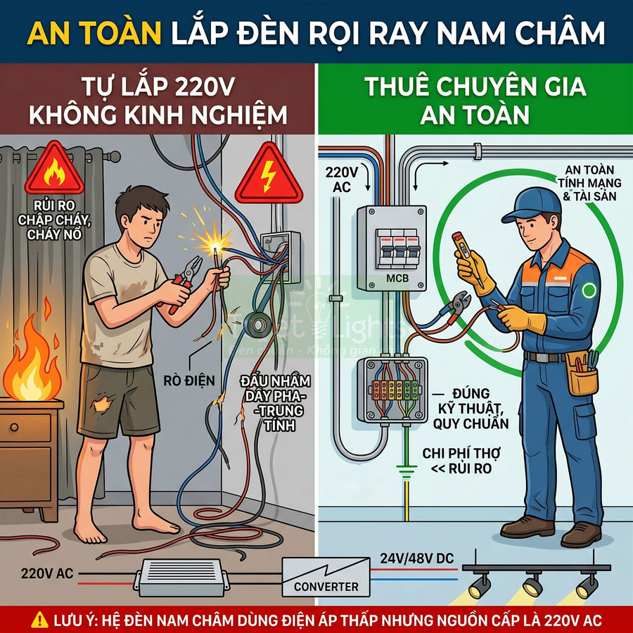 So sánh tự lắp đèn rọi ray nam châm 220V nguy hiểm với thuê thợ điện chuyên nghiệp an toàn