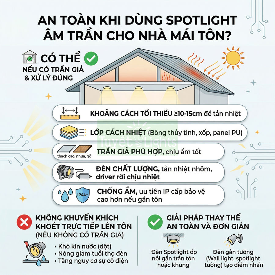 Hướng dẫn lắp đặt đèn spotlight âm trần an toàn cho nhà mái tôn với trần giả và lớp cách nhiệt