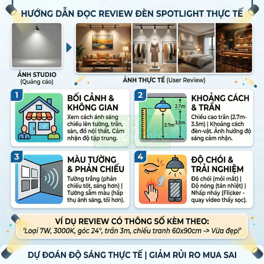 Infographic hướng dẫn chọn đèn LED spotlight cho phòng khách, tủ quần áo, quán bar với các yếu tố không gian và độ sáng