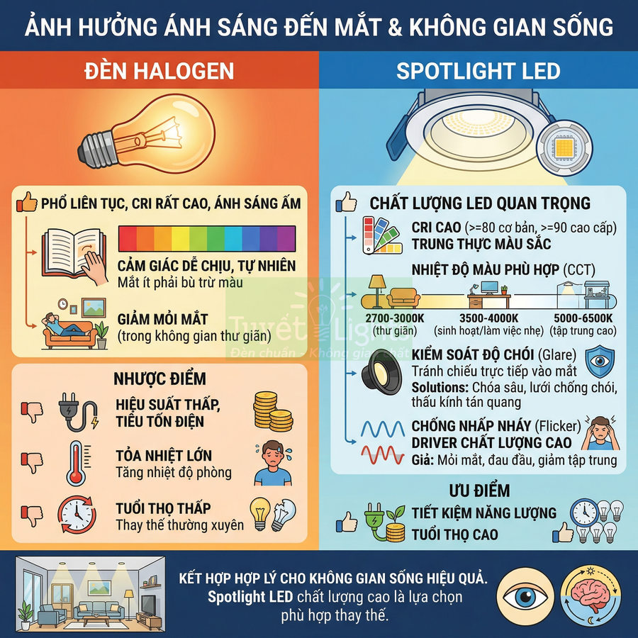 Infographic so sánh đèn halogen và spotlight LED về ảnh hưởng ánh sáng đến mắt và không gian sống