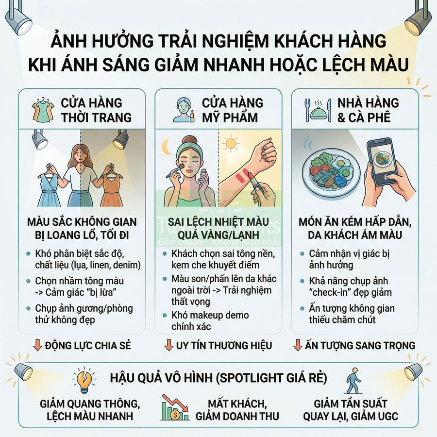 Infographic về ảnh hưởng của ánh sáng kém đến trải nghiệm khách hàng trong cửa hàng thời trang, mỹ phẩm, nhà hàng